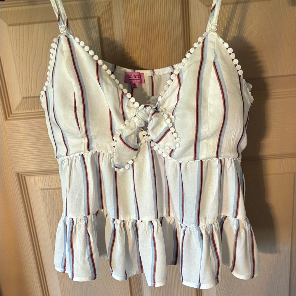 Striped Tie-Front Ruffle Tank Top - White with Red & Blue Stripes